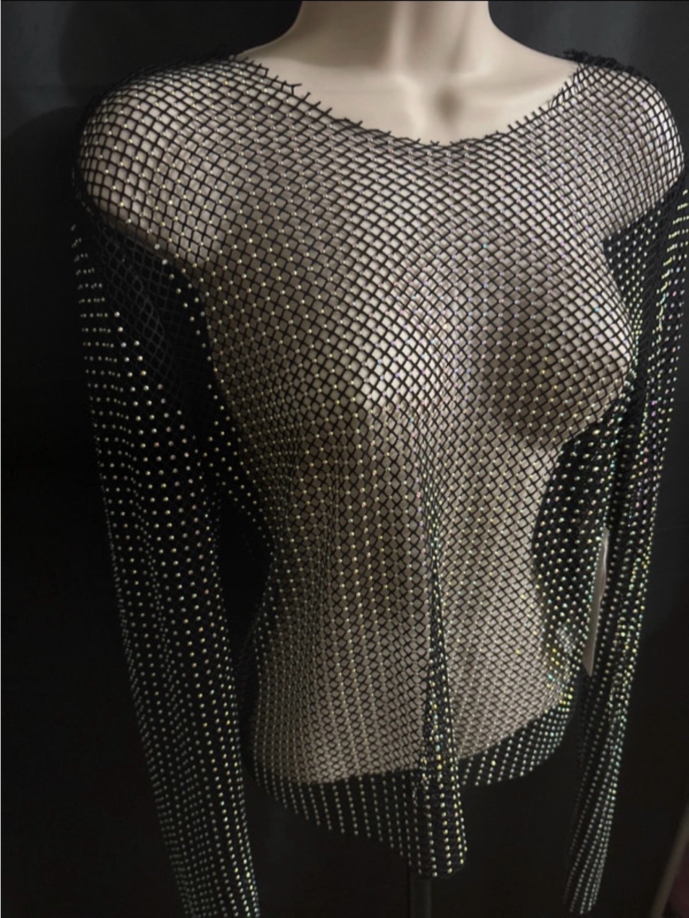 Black Rhinestone Fishnet Long-Sleeve Top